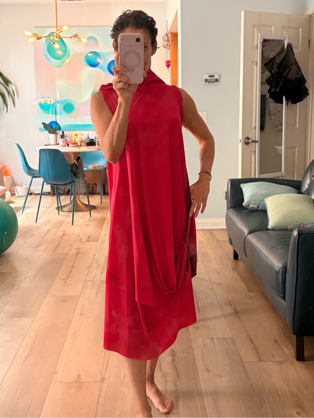 Issey Miyake Draped Architectural Red Sleeveless Midi Dress